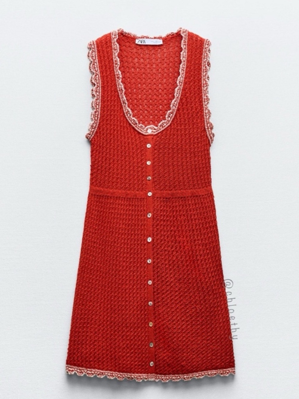 Zara Pointelle Red Sleeveless Knit Button-Front Mini Dress